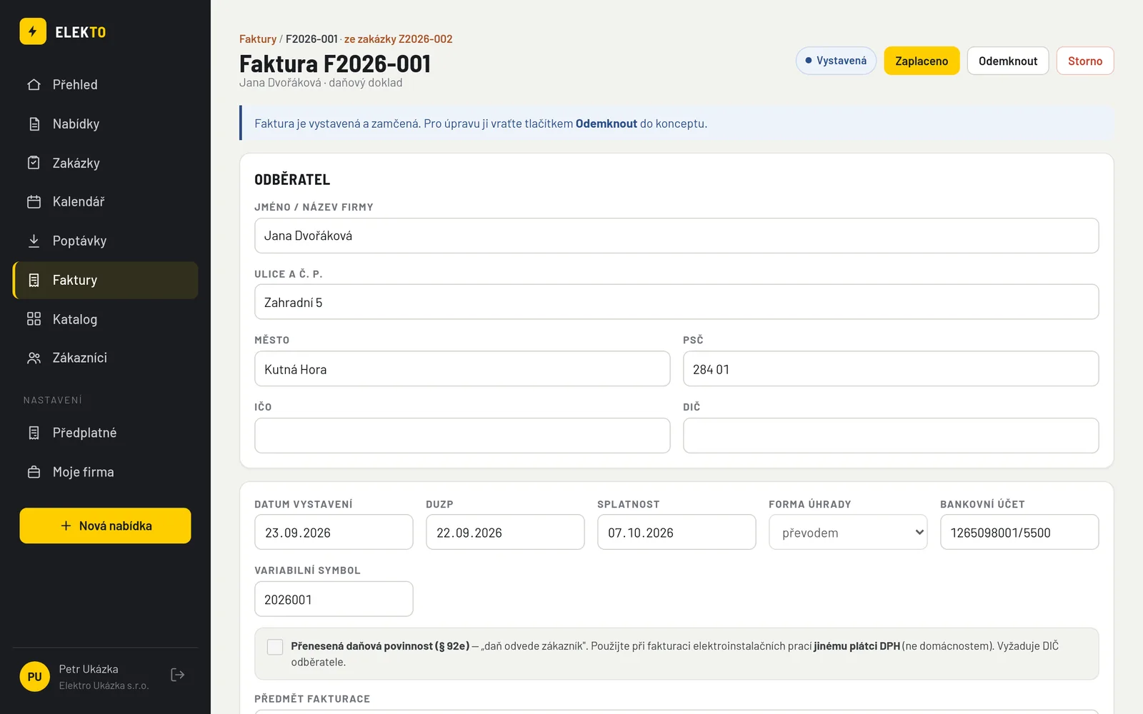 Detail faktury F2026-001 s odběratelem, daty, splatností a bankovním účtem