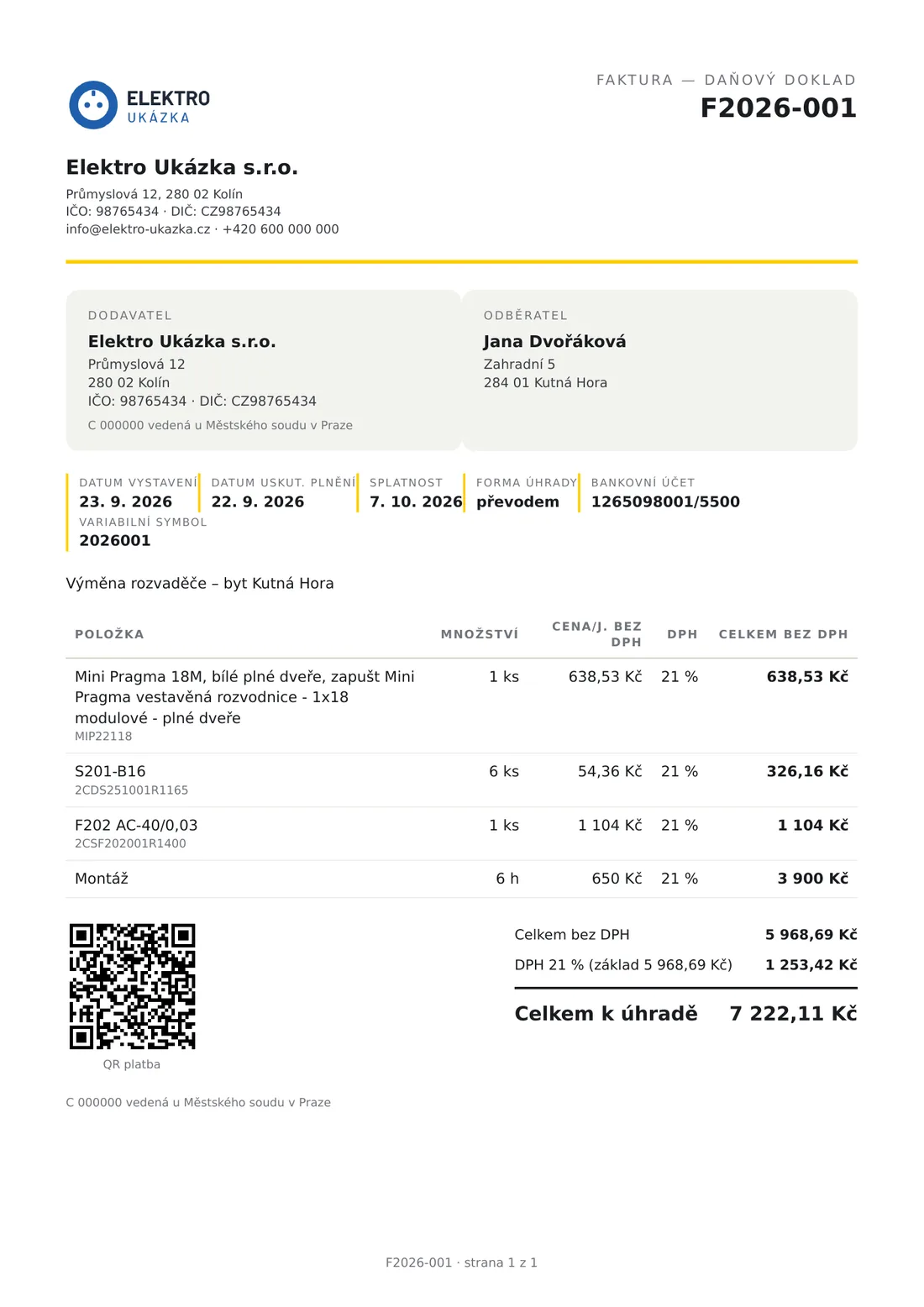 PDF faktury s logem firmy, položkami, rekapitulací DPH a QR kódem pro platbu
