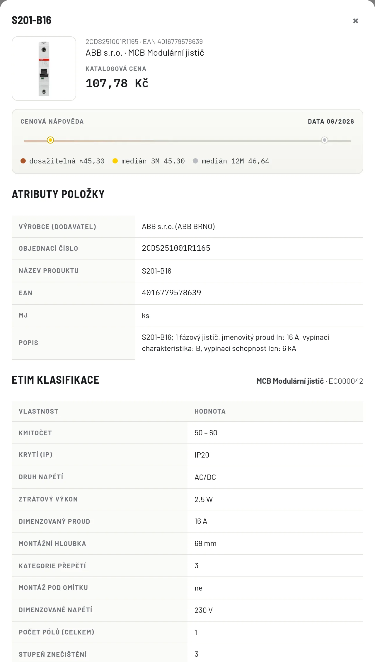Detail jističe S201-B16 s katalogovou cenou, cenovou nápovědou a parametry ETIM