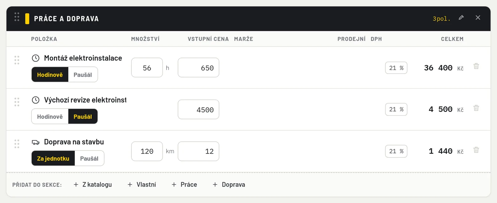 Sekce Práce a doprava: montáž hodinově, revize paušálem, doprava po kilometrech