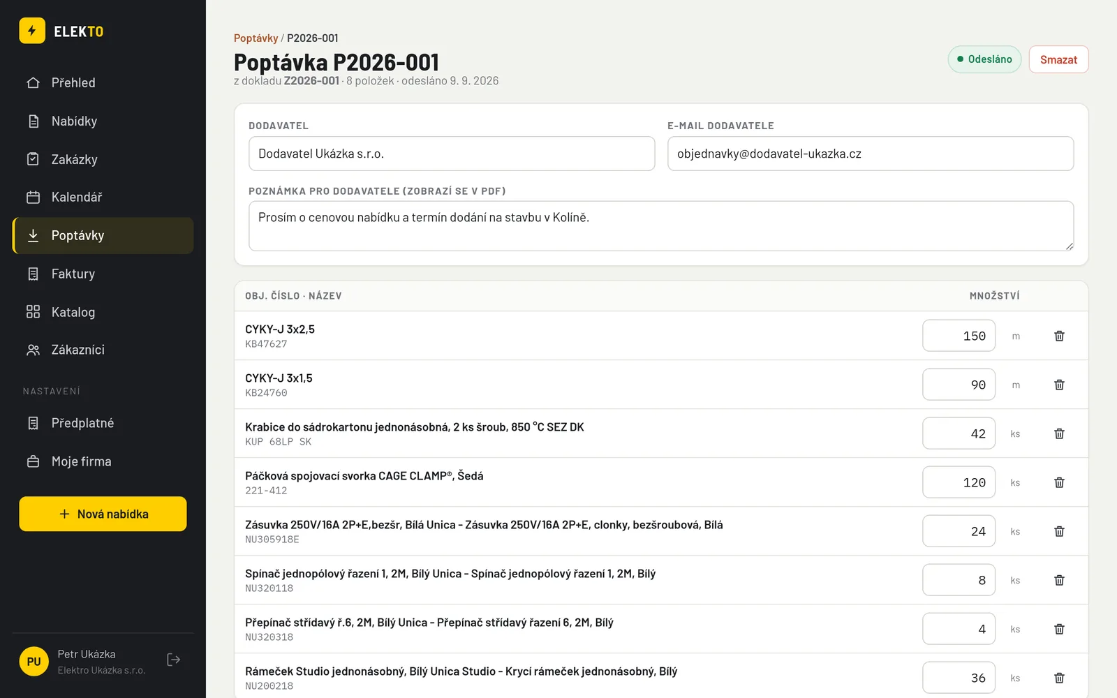 Detail odeslané poptávky s dodavatelem, poznámkou a seznamem položek