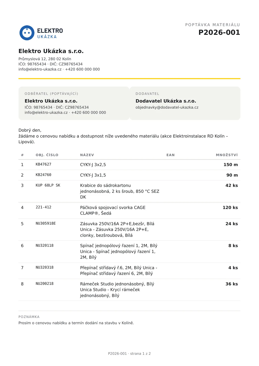 PDF poptávky pro dodavatele s kódy a množstvím, bez cen