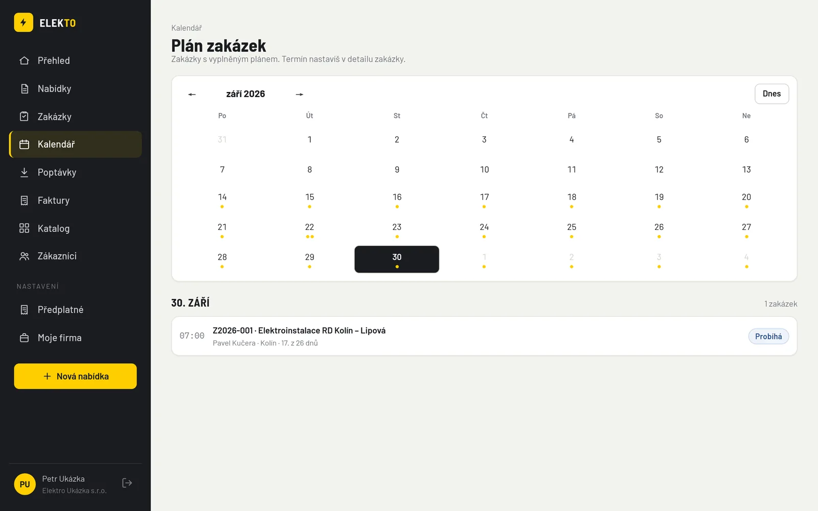 Kalendář zakázek na září 2026 s probíhající zakázkou